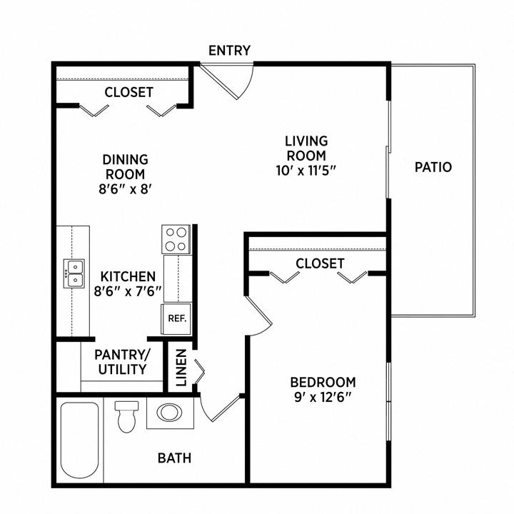 Floor plan for 1 bed, 1 bath, 620 sqft